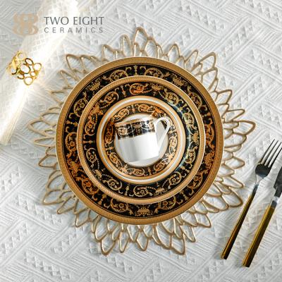 China Viable Bone China White Gold Dishes And Plates Dishes Tableware Dinner Set Luxury High Quality Gold Charger For Restaurant for sale