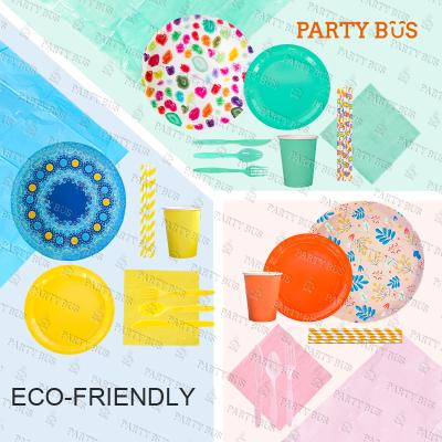 China PARTYBUS Disposable Disposable Round Paper Plates, Cups, Napkins Flowers Colorful Soft Candy Porcelain Blue Dinnerware Set for sale