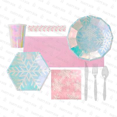 China PARTYBUS Christmas Snowflake Disposable High Quality Eco Friendly Party Supplies Holiday Paper Disposable Tableware Set For Christmas Party for sale