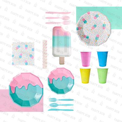 China NEW PARTYBUS 2021 Disposable Summer Ice Cream Melting Paper Plates Cups Napkins Disposable Tableware Kits For Kids Birthday Party Supplies for sale