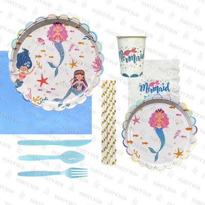 China PARTYBUS 2020 Disposable Hot Sale Mermaid Birthday Party Supplies 9inch 7inch Disposable Dinner Dishes Dessert Dishes Napkin Tableware Set for sale