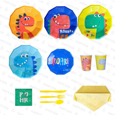 China Wholesale PARTYBUS 2021 Disposable Dinosaur Theme Birthday Party Supplies Disposable Cartoon Paper Plate Cup Party Tableware Kits For Kids for sale