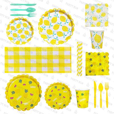 China 2021 PARTYBUS Factory Wholesale Hot Disposable Lemon Pineapple Disposable Tableware Sets Yellow Theme Supplies For Picnic Party for sale