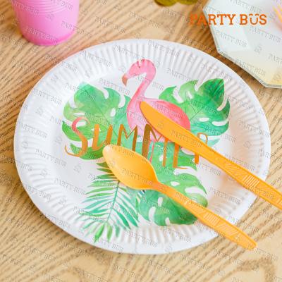 China PARTYBUS Summer Flamingo Disposable Party Supplies Disposable Round Paper Plates, Cups, Napkins Tableware Sets For Summer Party for sale