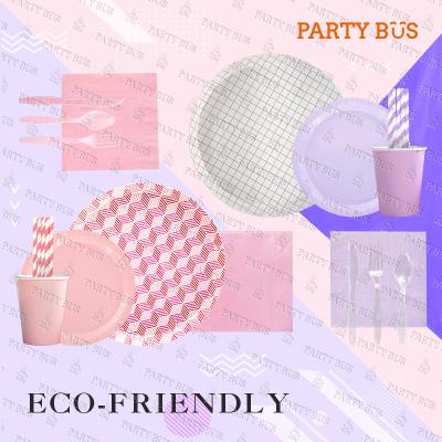 China PARTYBUS Disposable Disposable Round Paper Plates, Cups, Napkins Figure Grid and Rhombus Design Tableware Set Geometric for sale