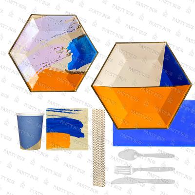 China PARTYBUS 2021 hot sale marble disposable series paper plates imitate ceramic mixed orange and blue disposable tableware set for birthday for sale
