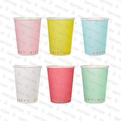 China PARTYBUS Disposable 9 Ounce Single Wall Paper Cups Golden Happy Birthday Cups Disposable Eco-Friendly Paper Cups For Birthday for sale