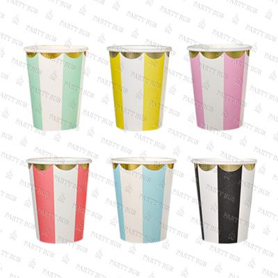 China PARTYBUS 9 Ounce Disposable Single Wall Paper Cups Stripes Design With Golden Cups Disposable Eco-Friendly Paper Cups For Wedding Decorations for sale