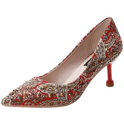 China New Breathable Women's Chinese Red Wedding Shoes Crystal High Heels Stilettos Dress Bridal Shoes for sale