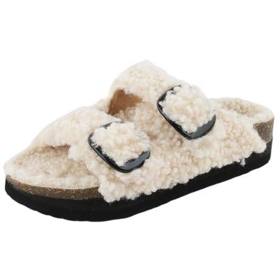 China Cushioning Autumn And Winter Outdoor Cork Platform Fur Slippers Women's Wool Casual Warm Slippers for sale