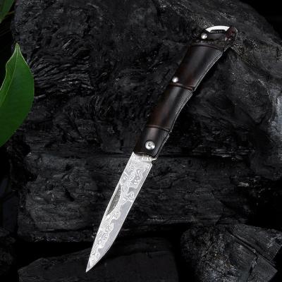 China Open Slide Damascus Blade Folding Knife Ebony Wood Handle Pocket Knife Ball Bearing Hunting Pocket Knife for sale