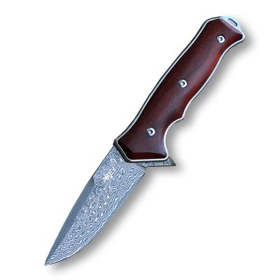 China Slide Red Sandalwood Damascus Blade Folding Knife Ball Bearing Open Pocket Knife for sale