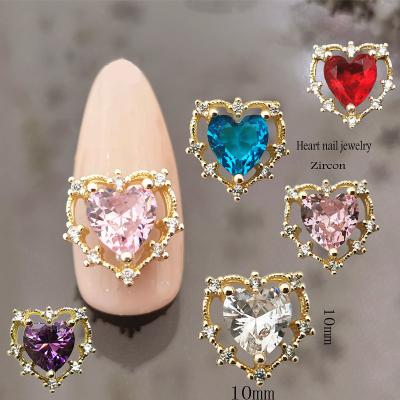 China Peach Simple Hollow Heart Zircon Love Jewelry Metal Gold Plated Zircon Nail Decoration Pink Ladies Shape Nail Sticker for sale