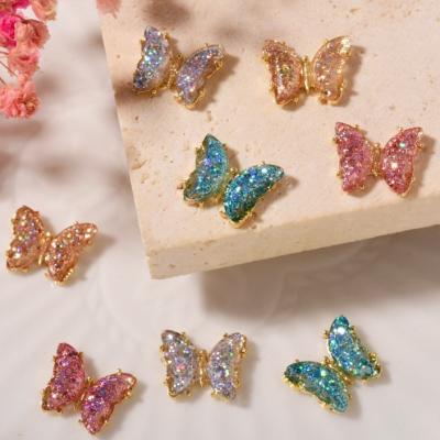 China The New 2022 Glitter Plastic Aurora Rhinestone Luxury Nail Art Fashion 3D Charming Beautiful Girls Gem Designs Butterfly Nail for sale