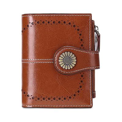 China Fashion Women Small Wallet PU Leather With Hollow Out And Metal Flower Decoratio Bifold Purse With ID Window for sale