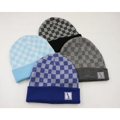 China JOINT Premium Quality Designer Famous 100% Wool Jacquard Knit Winter Beanie Hat With Big Custom Brand Embroidery Logo for sale