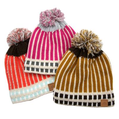 China JOINT Optimal Girl Custom Warm Fleece Striped Pom Pom Beanies Hats Ribbed Knit for sale