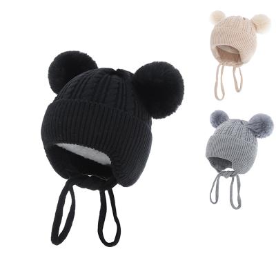 China JOINT New Design Knit Baby Winter Jacquard Kids Faux Fur Pom Beanie Hat With String for sale