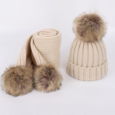 China Wholesale Medium Girls Boys Kids Toddlers Baby Knitted Pompom Beanie Winter Hats And Scarf Set With Faux Fur Flip Pom for sale