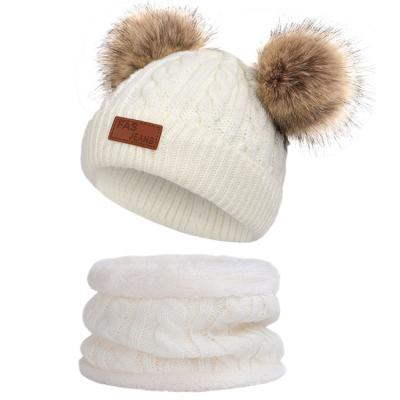 China COMMON custom winter knit lovely pom pom beanie hat gorro pompoms and neck cuff scarf 2 PCS set for baby for sale