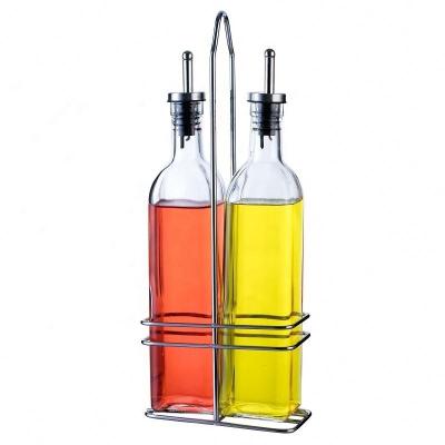 China Sino Freshness Preservation Glass Square Form Seal Open And Salad Dressing Automatic Condiment Set Set With Stand 500ml for sale