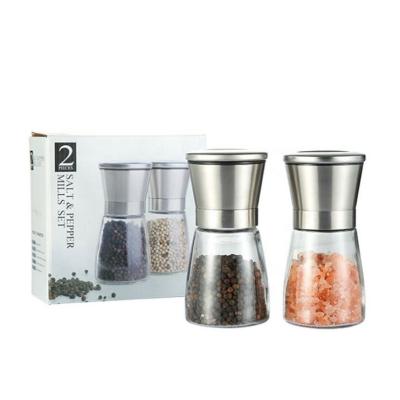 China Stocked Glass Grinder 180ml Pepper Mill Grinders Stainless Steel Salt and Pepper Set for sale