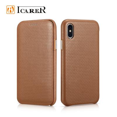 China Pattern Design ICARER Woven Non-Slip Woven Pattern Series Curved Real Edge Leather Folio Case For iPhone X/XS for sale