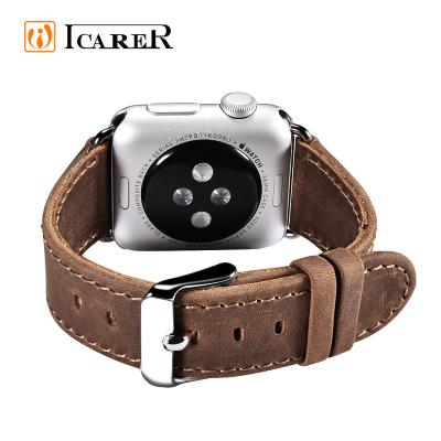 China 20mm 22mm Purely Handmade Vintage Wrist Band Replacement Metal Clasp Adapter Band Genuine Leather Strap For Apple Watch for sale