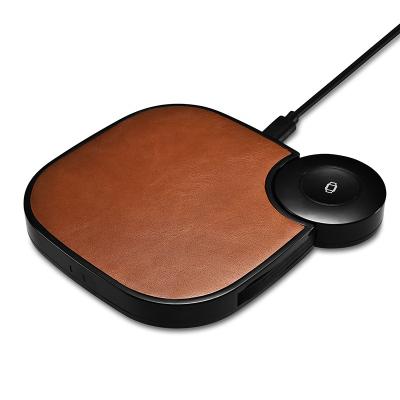 China Leather Exterior Design High Quality 2 in 1 Genuine Leather Fast Charging Wireless Charger for iPhone for Apple Watch for AirPods for sale