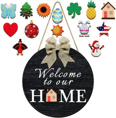 China New Design Round Garden Europe Welcome Home Hanging Wooden Door Sign for sale