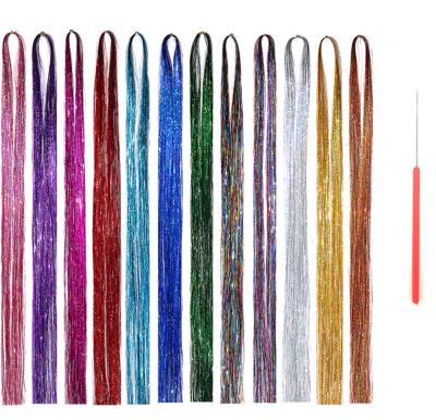 China PET Fairy Hair Tinsel Hair Tinsel Kit Strands With Tool 47 Colors 2100 Inch 12 Strands Kit for sale