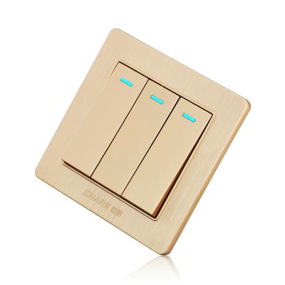 China China Factory Wholesale Price Residential Gold Color Push Button On Off 3 Gang 1 Way Electrical Switch 250V 16A For Home/Hotel/Building for sale