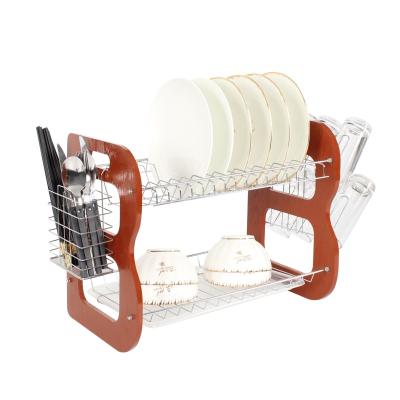 China 2 Row Metal Wire Viable B-shaped Wooden Dish Drainer Rack For Kitchen Dish Drying Rack for sale