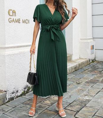 China Anti-Static 2023 New Quality Custom Women Elegant Dresses V-neck Ruffled Midi Solid Ladies Casual Dresses for sale