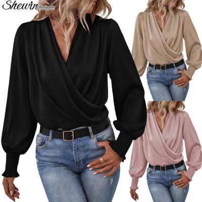 China Breathable Wholesale Fashion Designer Knitted Chiffon Casual Ruffle Floral Printed Ladies Long Sleeve Elegant Women Blouse for sale