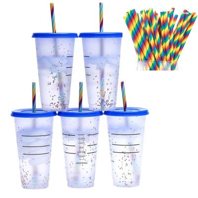 China Viable High Quality Durable 24oz Color Changing Reusable Plastic Confetti 16oz Plastic Cups Kids PP Coffee Tumblers With Straw Lid for sale