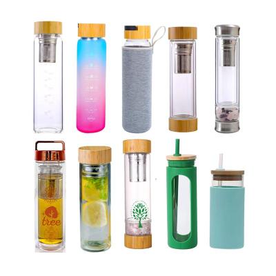 China 450ml 500ml Double Stocked Wall Insulated Borosilicate Glass Tea Fruit Infuser Water Bottle Tumbler Cups With Leakproof Bamboo Lid for sale