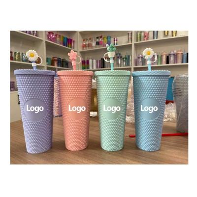 China Stored Reusable Plastic Ded Plastic Bulk Mug Grid Stud Wall Double Matte Gold Tumbler Pineapple Mug with Bow Straw for sale