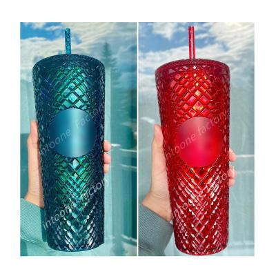 China Factory price direct stocked plastic jeweled ded free wall stud BPA insulated double tumbler cups with straws lids for sale