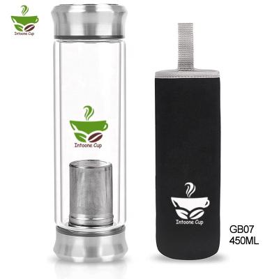 China Double Wall Stocked High Borosilicate Glass With Stainless Steel Double Lid Bottles For Drinks for sale