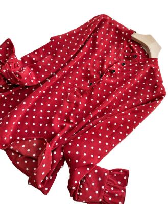 China Hong Kong Style Breathable Vintage Polka Dot Neck Lace Sleeve Red Loose Standing Loose Fit Shirt Small Small For Spring for sale