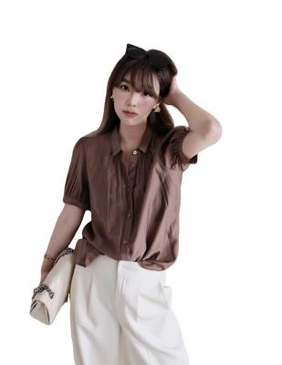 China Breathable Polo Collar Small Bubble Sleeve Button Up Pea Sand Color Shimmer Feeling Small Loose Short Sleeved Shirt for sale