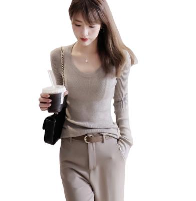 China anti-wrinkle design minimalist U-neck yarn elastic thin fitting knit sweater for women for sale