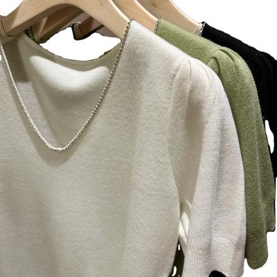 China Anti-Wrinkle Four Empty Flat Needle Shaped Small Bubble Sleeved Diamond Curved Short V-Neck Sleeved Knit Sweater For Spring for sale