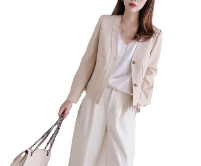 China Breathable twill texture and crisp beige apricot color, fragrant small v-neck short coat for women for sale