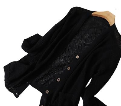 China Breathable Lazy Canvas Mid Length Hollow Out Pattern V-Neck Cardigan With Cardigan Coat Air Conditioning Shirt Black Summer for sale