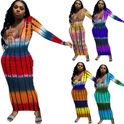 China 2021 New Arrivals Breathable Sheath Long Maxi Dress Casual Fashion Print Autumn Tie Dye Tight Dress for sale