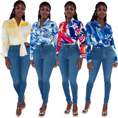 China Hot sale autumn anti-pilling printed lace up ladies' blouses and tops women's blouses for sale