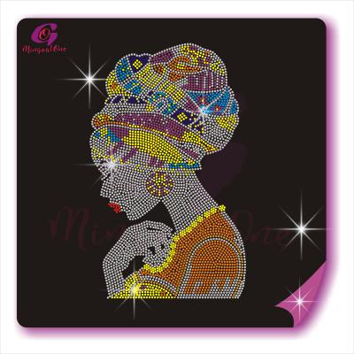 China Custom Fashion Flatback Bling Beautiful Afro Hotfix Lady Iron On Pattern Scatter Rhinestone Heat Transfer For Shirt for sale