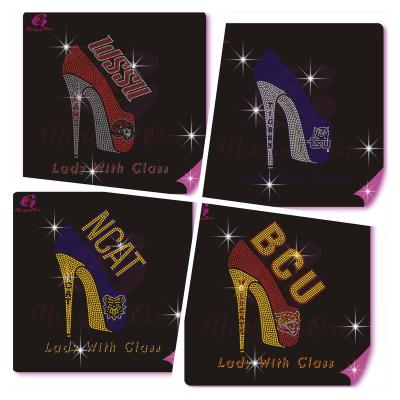 China Factory Direct Sale Flatback Bling High Heels Iron On Stone Design Custom Rhinestone Transfer Pattern for sale